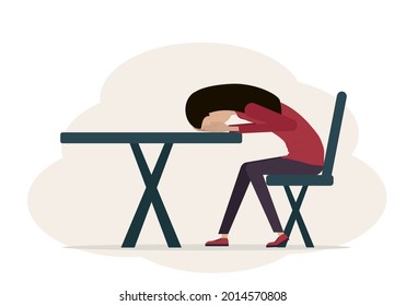 Illustration of a woman tired and depressed. The woman sits on a chair and her head lies on the table