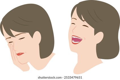 Illustration of a woman with a toothache holding her cheek and a smiling woman with healthy teeth