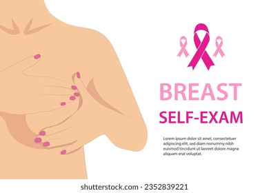 Illustration of a woman touching her breast, conducting self-examination for breast cancer, prevention and diagnosis for life. Vector illustration of the breast self-examination concept