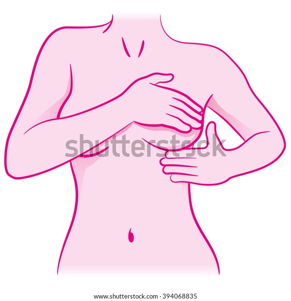 Illustration of a woman\
touching her breasts doing self-examination for breast cancer,\
prevention and diagnosis for life. Ideal for institutional and\
educational\
materials