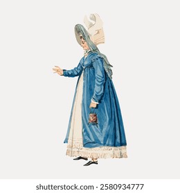 Illustration of a woman in traditional 18th-century attire. She wears a blue dress with a bonnet. Historical fashion with a focus on dress and bonnet details. Vintage woman illustration vector.