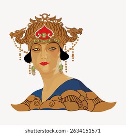 Illustration of a woman in traditional Asian attire with an ornate headdress. The headdress features intricate designs and vibrant colors, enhancing her cultural elegance. Vintage character vector.