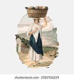 Illustration of a woman in traditional attire carrying a basket on her head. The woman is walking on a path, surrounded by a scenic landscape. Vintage woman illustration isolated on white, vector.