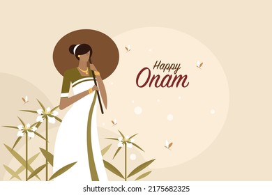 Illustration Of A Woman In Traditional Dress Holding An Umbrella. Concept Of Onam Festival In Kerala