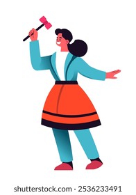 Ilustración de una mujer con vestido tradicional sosteniendo un palo festivo. Dibujado en estilo plano, minimalista, aislado sobre fondo blanco. Adecuado para festivales culturales o temas de celebración.