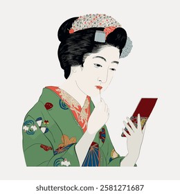 Illustration of a woman in traditional Japanese attire, wearing a green kimono, applying makeup. The woman holds a mirror, showcasing cultural elegance. Vintage woman illustration isolated, vector.