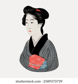 Illustration of a woman in traditional Japanese attire with a patterned kimono and styled hair. The artwork reflects cultural heritage and traditional fashion. Vintage illustration isolated, vector.