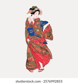 Illustration of a woman in a traditional Japanese kimono. The kimono with intricate patterns. The woman in a graceful pose, cultural attire. Vintage art drawing illustration, painting art vector.