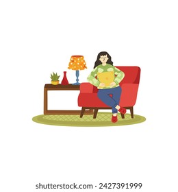 illustration of a woman tried and relaxing in living room