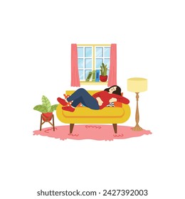 illustration of a woman tried and relaxing in living room