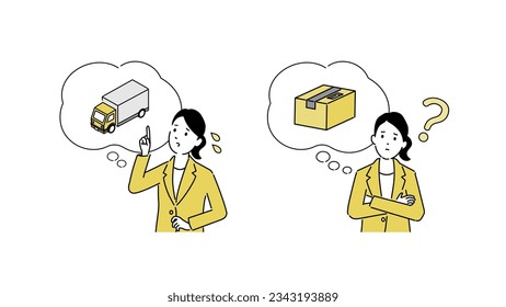 Illustration of a woman in trouble because her package has not arrived, vector