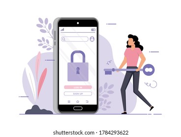 An illustration of a woman trying to access login information and confidential files.