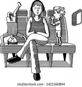 Illustration of a woman trying to ignore her two rowdy sons on a plane trip.