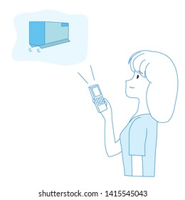 Illustration of a woman turning on an air conditioner in room.