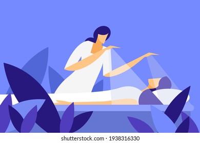 Illustration of a woman undergoing energy healing treatment