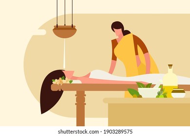 Illustration of a woman undergoing Indian traditional Ayurvedic massage