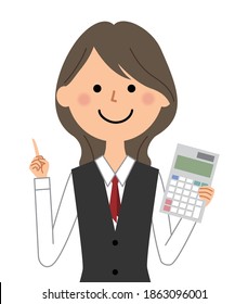 It is an illustration of a woman in uniform holding a calculator.