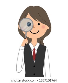 It is an illustration of a woman in uniform looking through a magnifying glass.