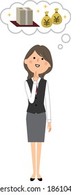 It is an illustration of a woman in uniform who imagines a lot of money.