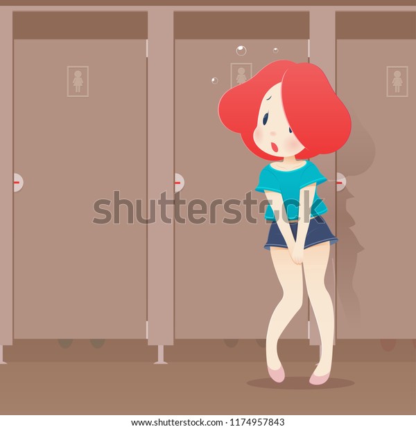 公衆トイレで尿の緊急性に問題を持つイラトス女性 股を持つ手を持つ女の子 トイレを小便にしたいという強い衝動 トイレを閉じた状態 カートーンベクター画像 Eps10 のベクター画像素材 ロイヤリティフリー