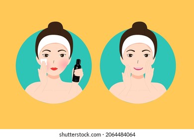 illustration Woman Use a cotton pad to wash off the makeup on face.
