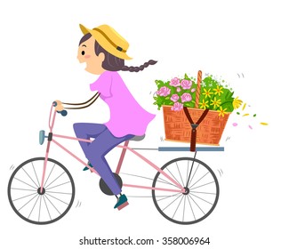 Illustration of a Woman Using a Bike to Deliver a Basket of Flowers