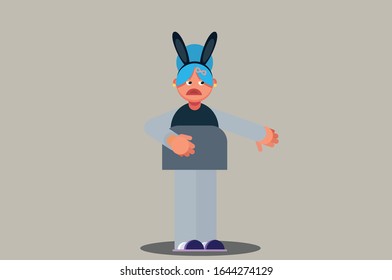 An illustration woman using a bunny costume and thumbs down. A vector of Easter character, this illustration can use as a sticker also. 