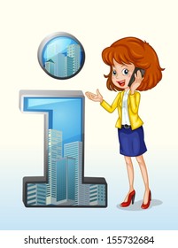 Illustration of a woman using a cellphone standing beside the number one symbol on a white background