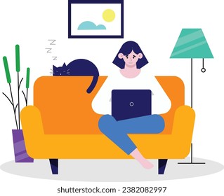 Illustration of a woman using a computer in her sitting room