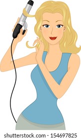 Illustration of a Woman Using Curling Iron to Style Her Hair