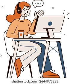 Ilustración de una mujer usando una computadora de escritorio, ideal para tecnología, oficina y contenido de trabajo remoto.