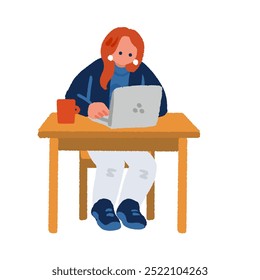 Ilustração de uma mulher usando um laptop em uma mesa