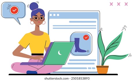 Illustration of a woman using a laptop with online shopping interface, representing e-commerce, digital retail, and product selection.

