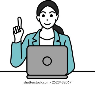 Ilustração de uma mulher usando um laptop apontando