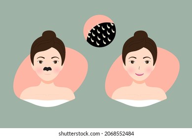 illustration Woman Using Nose Patch Strip. Woman With Black Mask On Nose. Steps how to facial care. vector illustration.