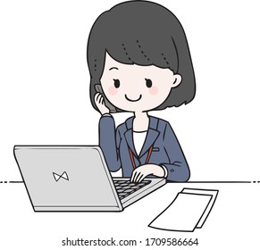 
Ilustración de una mujer usando un PC mientras llama.