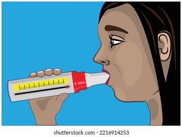 An illustration of a woman using a peak flow meter