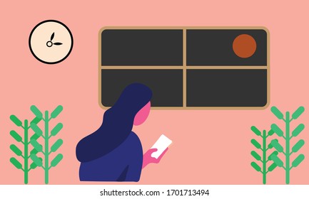 A illustration of a woman using phone.