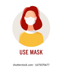 Illustration of a woman using a protective mask.
The concept of an epidemic disease. Coronavirus. Flu. Use Mask.