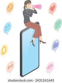 Illustration of a woman using a smartphone to access a social networking service