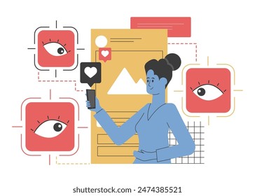 Illustration of a woman using a smartphone surrounded by surveillance icons, highlighting online privacy risks and data protection. Emphasizes the importance of internet security and digital safety.