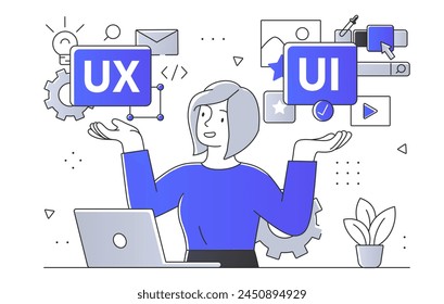 An illustration of a woman with UX and UI icons, depicting user experience design concept on a white background, Vector illustration. Line art minimal style flat vector illustration