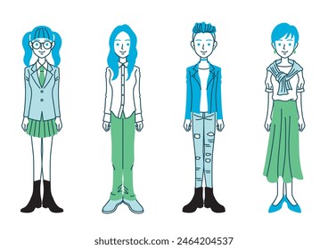 Illustration of a woman with various hairstyles and clothes, in simple colors.