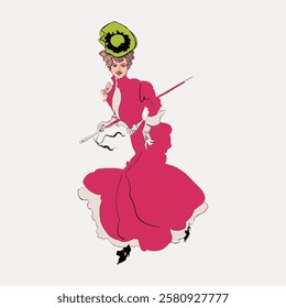 Illustration of a woman in a vibrant pink Victorian dress, holding a cane. Victorian fashion, elegant dress, and stylish hat. Historical attire in vivid colors. Vintage woman illustration vector.