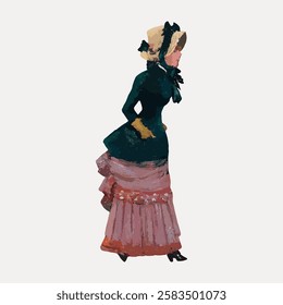 Illustration of a woman in Victorian attire, wearing a bonnet and layered dress. Victorian fashion, woman in bonnet, elegant dress, historical clothing. Vintage woman illustration isolated, vector.