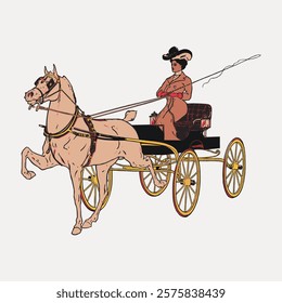 Illustration of a woman in vintage attire driving a horse-drawn carriage. The woman, dressed in period clothing, guides the horse with skill and grace. Vintage illustration isolated on white, vector.