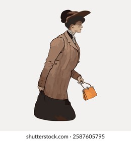 Illustration of a woman in vintage attire, wearing a brown coat and hat, holding an orange purse. The vintage style emphasizes early 20th-century fashion. Vintage woman illustration vector.