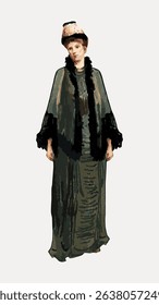 Illustration of a woman in vintage attire, wearing a long dress and hat. The vintage fashion highlights elegance and style. The woman stands gracefully. Vintage character art illustration vector.