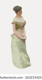 Illustration of a woman in a vintage dress, standing in profile. The dress is elegant and pastel-colored, capturing a classic, timeless style. Vintage character art illustration vector.