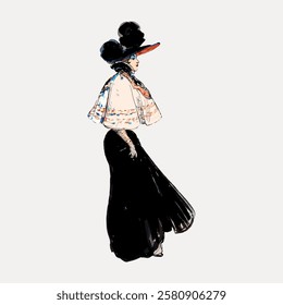 Illustration of a woman in vintage fashion. She wears a long black dress and a large hat. The vintage style highlights elegance and classic fashion. Vintage woman illustration isolated, vector.